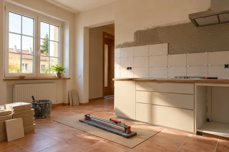 Visualización conceptual IA: Colocación de azulejos con separadores y adhesivo sobre una pared de cocina.