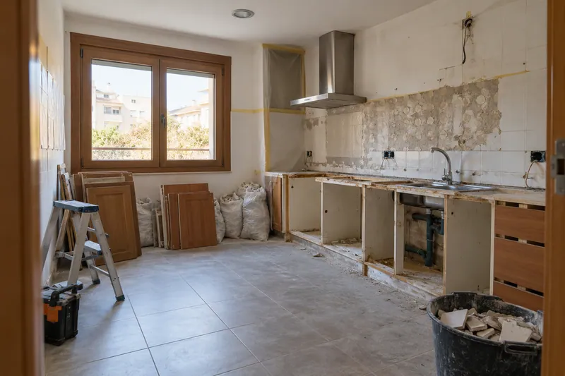 Visualización conceptual IA: Retirada de muebles y revestimientos al comienzo de una reforma de cocina.