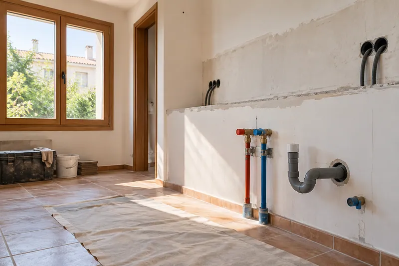 Visualización conceptual IA: Tuberías de suministro y desagüe durante la renovación de una cocina.