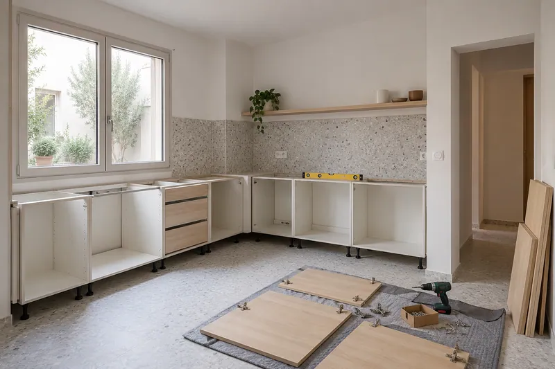 Visualización conceptual IA: Módulos de cocina en montaje con puertas pendientes de colocar.