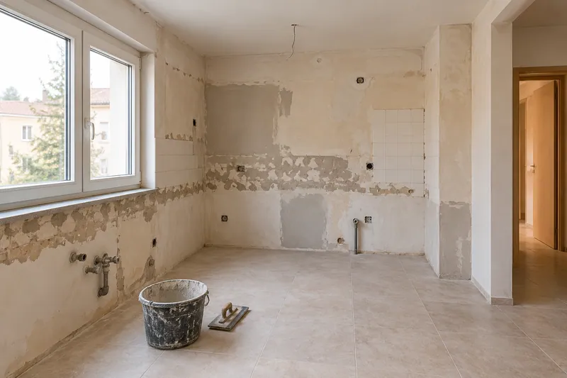 Visualización conceptual IA: Cocina sin muebles con paredes en preparación y zonas de enlucido.